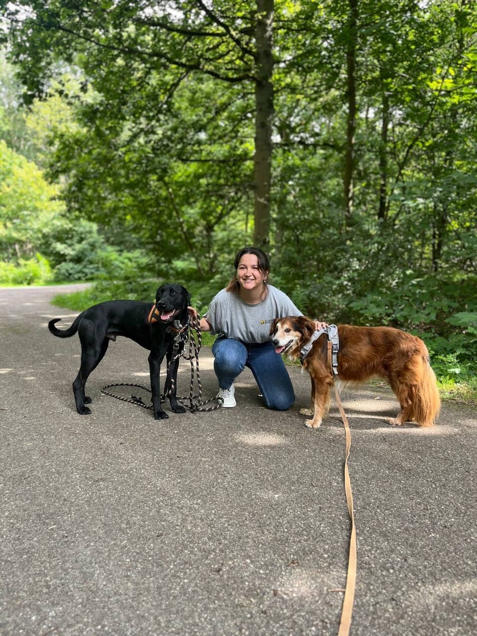Marion Rahaingomanana avec deux chiens en promenade dans la forêt